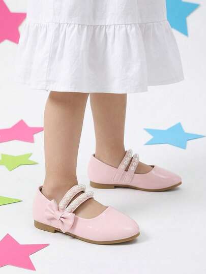 Girls' Pink Glossy Pearl Bow Mary Jane Flat Shoes, Gentle Sweet Princess Style, Suitable For All Seasons, Parties And School Wear