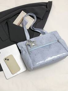時尚百搭紋理素色新款大容量托特包 休閒極簡對比色單肩包 - 藍色 - 查看 3