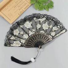 1pc White Lace Floral Folding Fan With Tassel, Vintage Rose Embroidery Hand Fan, Elegant Decorative Handheld Fan For Wedding Photoshoot, Cosplay Party - Multicolor - View 9