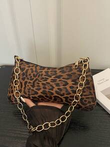 1pc Leopard Print Gold Chain Decor Shoulder Underarm Baguette Bag - Mocha Brown - View 7