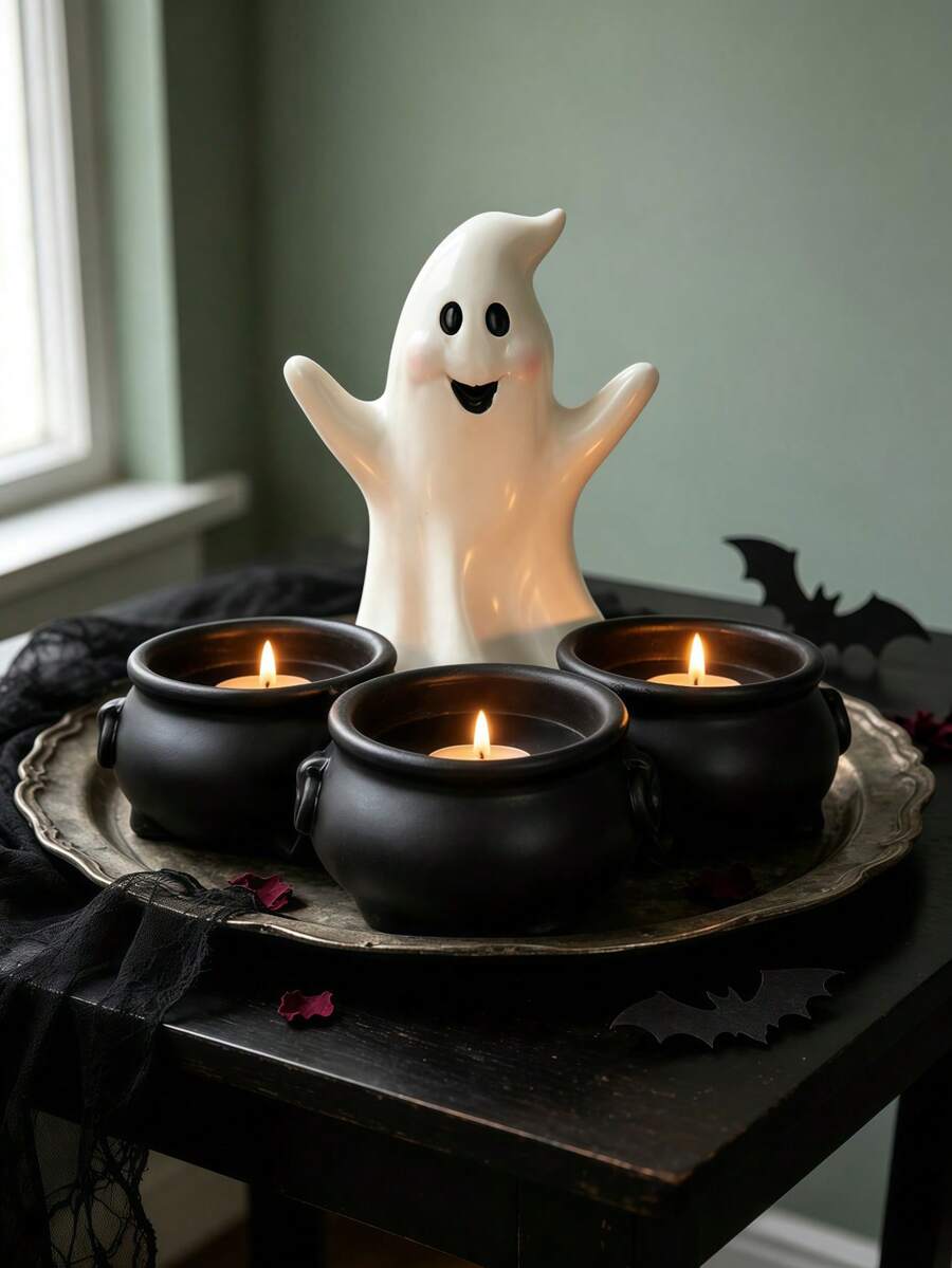 1 Tempat Lilin Teh Bentuk Kuali Tiga Tingkat Bergaya Gotik, Tempat Lilin Multi Lubang, Dekorasi Suasana Meja Halloween, Dekorasi Pesta Rumah - Tempat lilin hantu tiga silinder - View 1
