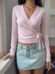 SCARLUX Fall Winter Women Y2K Knit Sweater Top, V‑Neck Tie Bow Long Sleeve Cardigan For Homecoming Street Wear - Pink - View 8