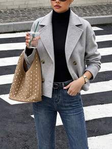 Women's Grey Cropped Double-Breasted Lapel Coat With Pockets, Regular Fit, Casual & Business Outerwear For Spring Autumn Winter Fall - Grey - View 3