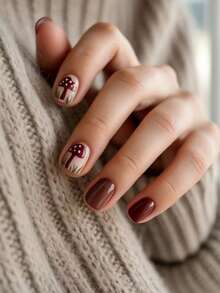 24PCS Burgundy Mushroom Hand-Painted Wearable Nails, Autumn/Winter Skin-Brightening Short Square Nails, Vintage Cute Cartoon Grass Nail Stickers, Removable Nail Tips - Burgundy - View 1
