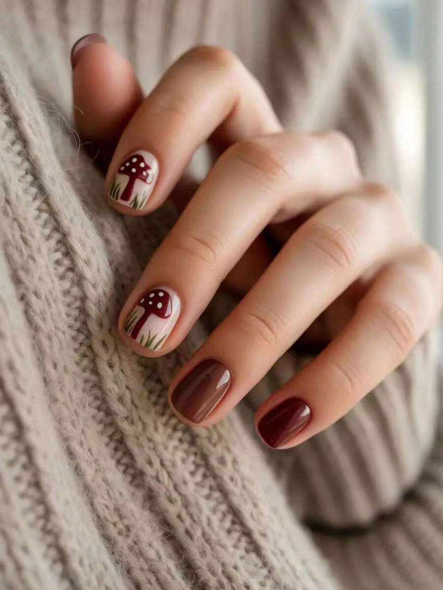 24PCS Burgundy Mushroom Hand-Painted Wearable Nails, Autumn/Winter Skin-Brightening Short Square Nails, Vintage Cute Cartoon Grass Nail Stickers, Removable Nail Tips - Burgundy - View 1