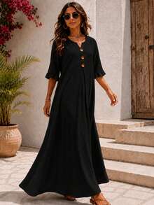 Plus Size Women's Fall Solid Light Blue Maxi Dress, Notched Neck, Button Detail, 3/4 Ruffle Sleeves, Loose Flowy A-Line Modest Casual Vacation Dress - Black - View 6