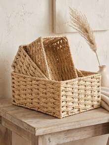 Hand‑Woven Storage Baskets 1PC/3PCS S+M+L Set, Multifunctional Desktop Organizer Trays, Rattan‑Style Woven Basket For Cosmetics Keys Snacks, Decorative Storage Bin For Bedroom Living Room Study Office, Home Decor Gift Basket For Household Tidy‑Up - Beige - View 3