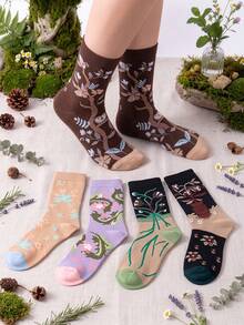 5 Pairs French Romantic Style Floral Print Women's Mid-Calf Socks, Casual Fashion Floral Print Women's Socks, Elegant Women's Socks - Multicolor - View 2