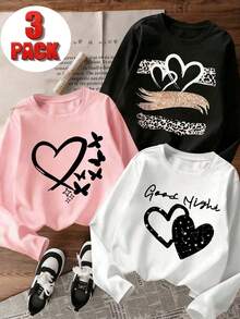 3pcs - Kaos Lengan Panjang Leher Bulat Motif Kasual Lucu untuk Anak Perempuan Remaja Musim Gugur/Dingin - Putih - View 1