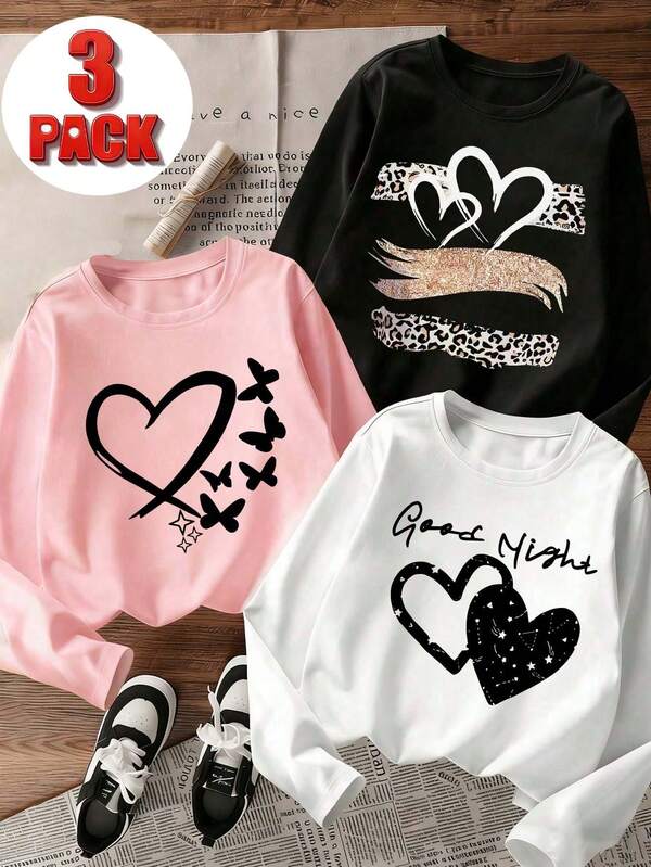 3pcs-Tween Girl Casual Fun Print Crew Neck Pullover Long Sleeve T-Shirt Autumn/Winter Top