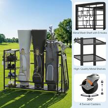 Heavy Duty Golf Bag Storage Organizer Stand For Garage, Rolling Sports Equipment Display Rack With Club Holder Shelves, Mobile Freestanding Metal Storage Holder, Black, 1 Piece - 55.7"L X 11.8"W X 33.5"H - View 6