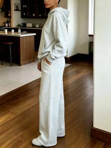 Solid Color Long Sleeve Hoodie & Pocket Drawstring Sweatpants 2 Pieces Set - White - View 3