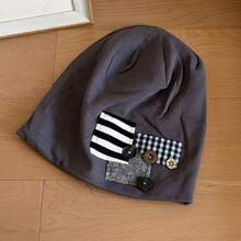 1pc Women's Vintage Patchwork Plaid & Striped Applique Loose Knit Hat, Button Decor, Soft Elastic Loose Fit Headscarf, Rock/Street/Fashion/Casual Hat - Multicolor - View 4