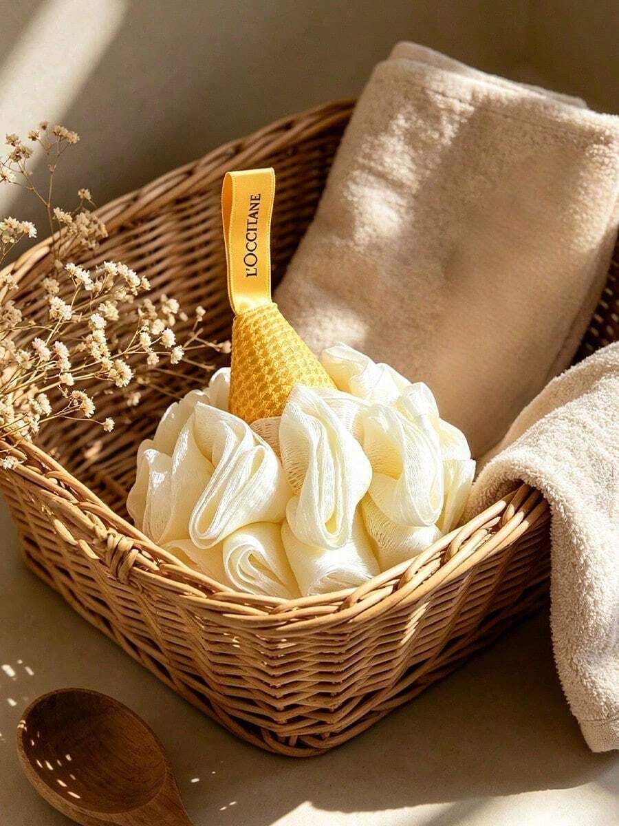 L'Occitane Soft White Bubble Bath Sponge Ball With Yellow Brand Printed Lanyard Fluffy Mesh Bath Ball Body Cleaning Shower Ball Holiday Gift LOCCITANE-GIFT-55 - View 1
