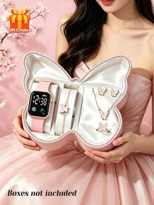 6Pcs/Set Girls Electronic Watch Jewelry, Minimalist Elegant Square LED Digital Display Watch With Matching Butterfly Element Jewelry, Classic Black/White/Pink Color Palette, Simple Fashionable And Sophisticated, Unique Choice For Wedding/Birthday/Holiday Gift (Gift Box Not Included) - Multicolor - View 3