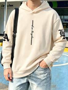 1pc Tween Boys' American Vintage Vertical Letter Print Hooded Sweatshirt, Cream White Loose Casual Pullover Top For Kids, Spring/Autumn - Apricot - View 2