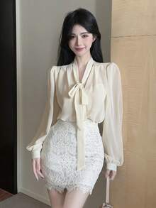 Women's Solid Color Elegant Bow V-Neck Long Sleeve Blouse - Apricot - View 1