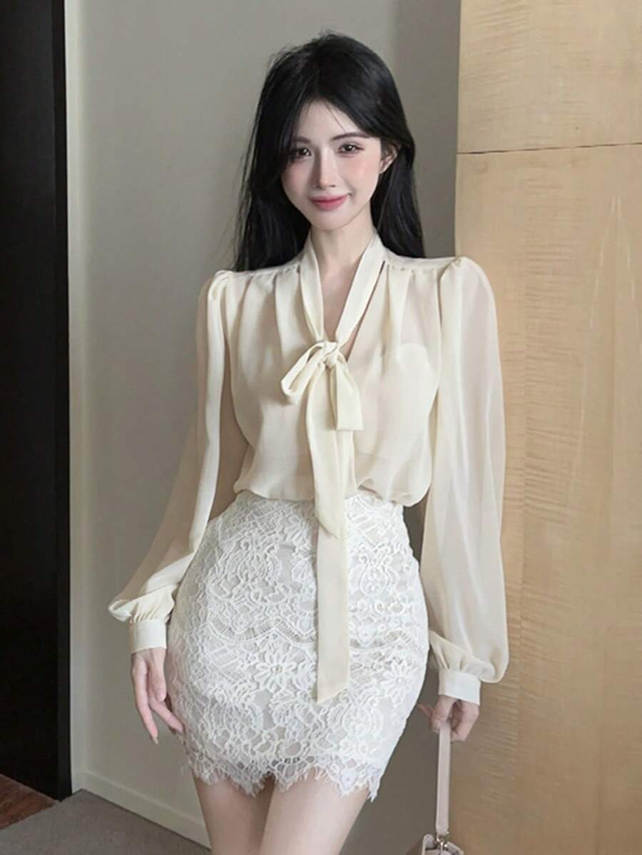 Women's Solid Color Elegant Bow V-Neck Long Sleeve Blouse - Apricot - View 1