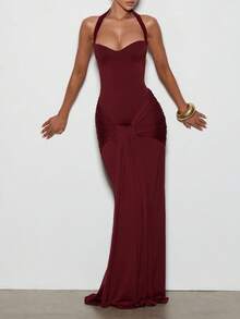 Halter Heart Neckline Ruched Tie Front Slim Fit Bodycon Maxi Dress, Elegant Slim Fit Long Dress, Suitable For Wedding Guest, Cocktail Party, Formal Dinner, Date Night, Autumn - Burgundy - View 3