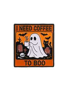 1pc Halloween Ghost Coffee Enamel Pin, "I Need Coffee To Boo" Funny Quote Badge, Cemetery Cat Bat Design, Gift For Friends - Multicolor - View 10