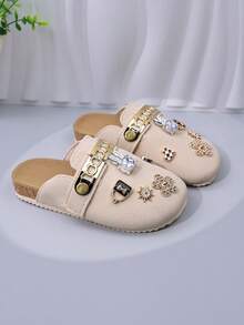 1 Pair Fashionable Versatile Girls' Beige Closed-Toe Slides With Rhinestone Rabbit & Flower DIY Accessories, Metal Chain, Soft Cork Sole, Outdoor Wear Mule Slippers For Daily Outings - Beige - View 4