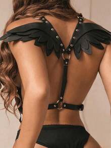 Women's Sexy PU Leather Wing Harness Lingerie Set With Garter Belt, Gothic Style, Black, Adjustable,Halloween - Black - View 3