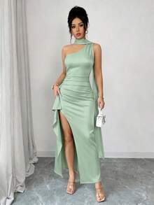 abyoxi Gaun Wanita Warna Hijau Mint dengan Leher Asimetris, Tali Bahu Panjang, Pita Pengikat Pinggang, Detail Kerutan Samping, dan Belahan Tinggi, Gaun Pas Badan, Warna Polos, Gaya Musim Panas Elegan dengan Belahan Hingga Paha - Mint Green - View 6