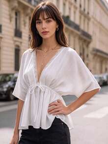 Women White Lace Trim V Neck Drawstring Waist Batwing Short Sleeve Blouse Casual Vacation Tops - White - View 2