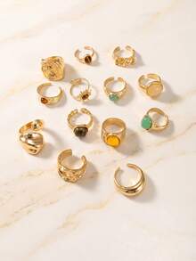 13pcs Sun Lava Liquid Metal Asymmetrical Flowing Or Hammered Texture Vintage Bohemian Style Maximalist Multi-Size Ring Set, Suitable For Parties, Gifts For Friends And Family, Daily Wear - Gold - View 3