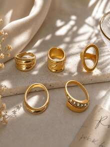 5Pcs Vibe Commute‑Style Alloy Gold‑Plated Smooth Hollow Rhinestone Mixed Ring Set For Women, Vacation Shooting Gift Accessories - Gold 6 - View 2
