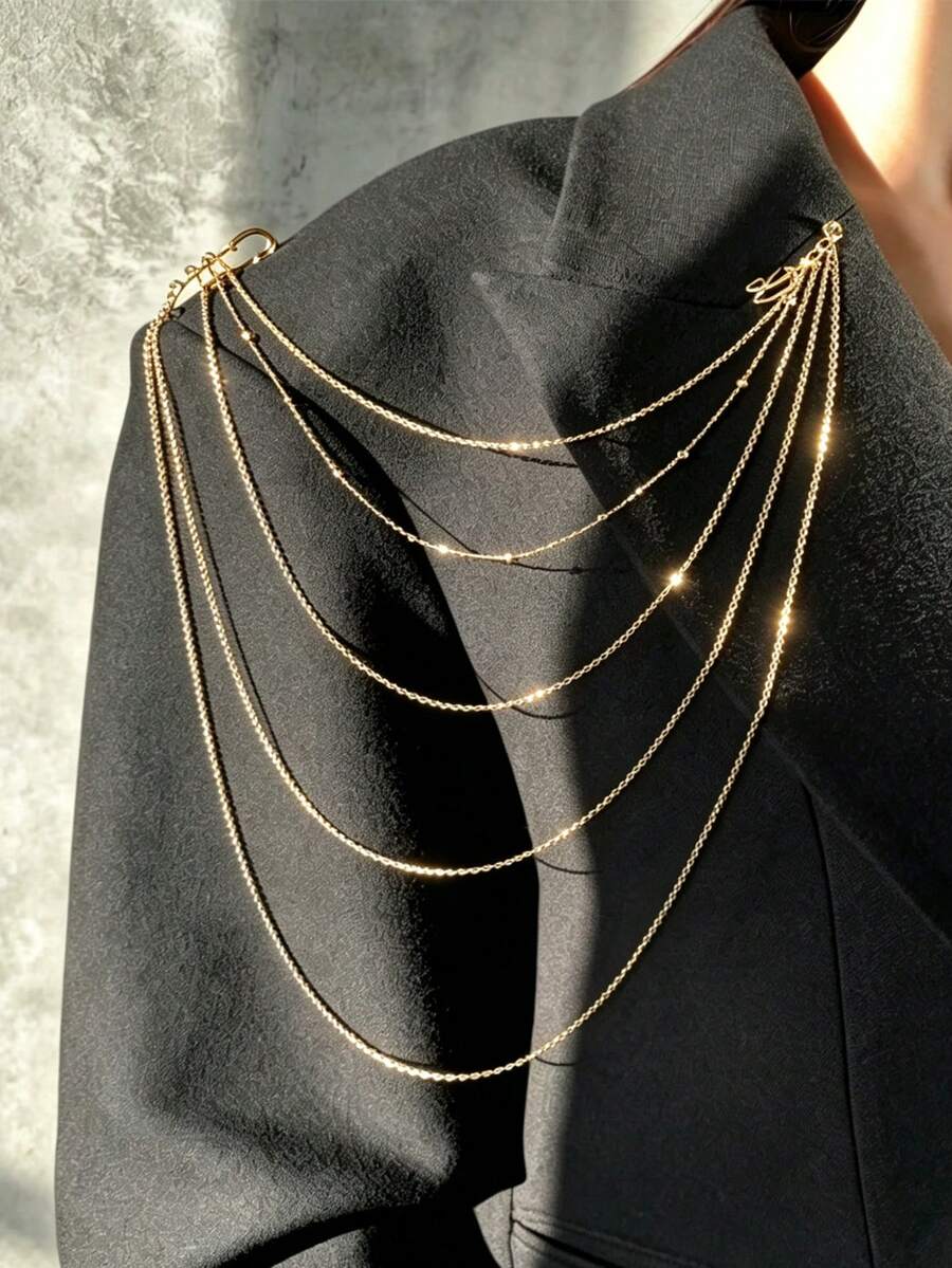 1pc New Multi-Layer Tassel Brooch, Niche Design Exquisite Pin Style Body Chain Accessory For Suit, Fashion Party Dress - Gold - View 1