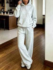 Solid Color Long Sleeve Hoodie & Pocket Drawstring Sweatpants 2 Pieces Set - White - View 4