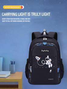 New Student Backpack, Lightweight Double Shoulder Bag For Boys And Girls, Astronaut Design, Large Capacity, Cute College Style - Black - View 5