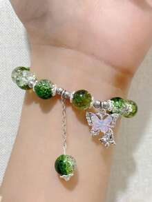 1pc Minimalist Gray Moonstone Natural Crystal Bracelet, Versatile And Elegant Accessory Suitable For Girls - Green - View 2