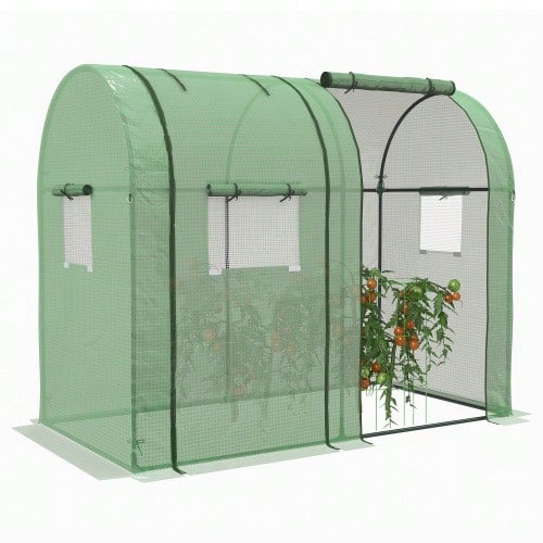 Greenhouse With 2 Roll-Up Doors, Windproof With Side Windows, UV Protection, PE Tomato House For Garden - 綠色 - 查看 1
