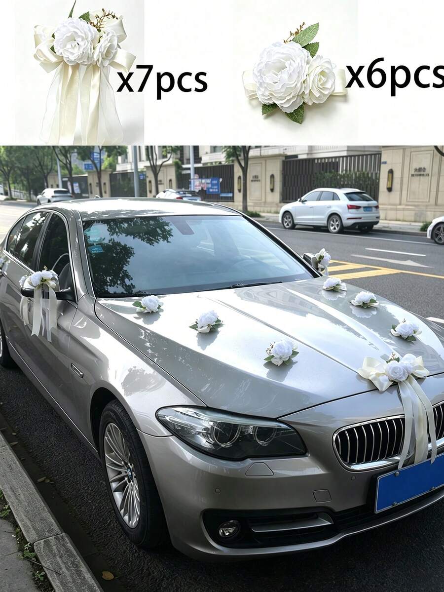 13件大朵玫瑰花(附吸盤)汽車裝飾,適用於婚禮後視鏡裝飾、緞帶禮品、居家婚禮派對走道椅背裝飾 - 13pcs車花 - 查看 1