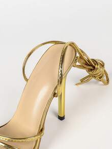 Metallic Gold Round Toe Wrap Around Ankle Straps Stiletto Heel Sandals Women Summer Wedding Club Evening Party Dress Heels - Gold - View 10