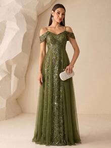 Autumn Elegant Cold Shoulder Sequin Embroidered Mesh A-Line Evening Gown, Suitable For Prom, Party, Wedding Guest, Graduation Ceremony And Holiday - Olive Green - View 4