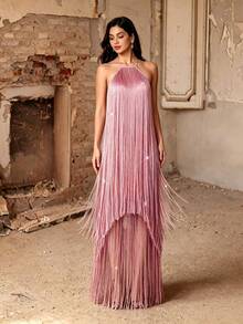 Gaun Malam Maxi Elegan Mewah Musim Panas dan Gugur dengan Kerah Halter Dua Lapis, Rumbai Berkilau, Punggung Terbuka dan Tali Ikat untuk Pesta Gala Pernikahan serta Prom - Baby Pink - View 8