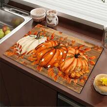 Autumn Fallen Leaves & 3 Pumpkins Pattern Print Absorbent Mat/Drying Mat/Countertop Protector For Coffee Machine, Tableware, Kitchen Countertop - Water-Absorbent Polyester With Rubber Non-Slip Backing, Decorative Placemat For Home, Bar And Dining Table - Multicolor - View 1