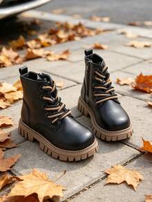 1 Pair Kids British Style Contrast Color Double Lace-Up Boots With Side Zipper, Easy To Put On And Take Off, Suitable For School, Outdoor Outings, And Autumn/Winter Wear - Black - View 6