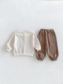 Miniweenns 2pcs/Set Baju Bayi Perempuan Musim Semi/Musim Gugur Rajut Kasual Motif Wafel Warna Kontras Kerah Renda Dekorasi Bunga 3D + Celana Panjang Manset - MultiWarna - View 6