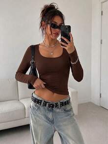 Women's Round Neck Long Sleeve Slim Fit Top, Soft Skin-Friendly Fabric, Casual Y2K Layering Everyday Street Style T-Shirt Brown - Brown - View 1