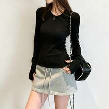 Black Regular Shoulder Round Neck Long Sleeve T-Shirt Women's Autumn Innerwear Outerwear Base Layer Slim Fit Basic Style Fashion Commute Outfit Top - Black - View 1