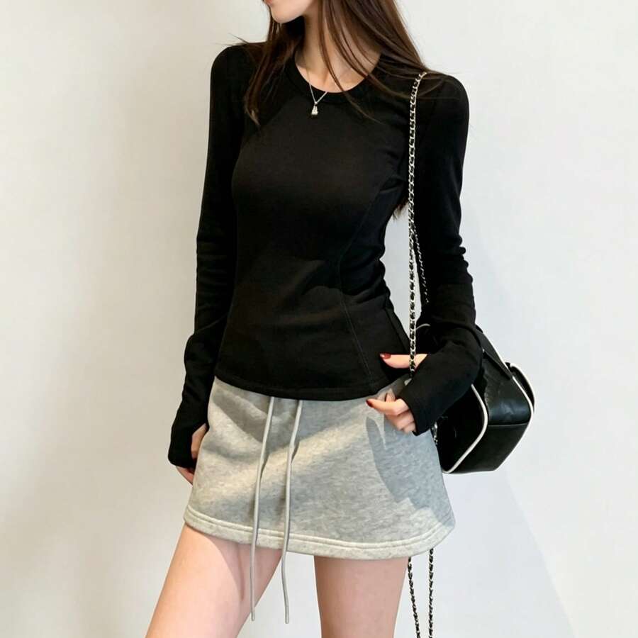 Black Regular Shoulder Round Neck Long Sleeve T-Shirt Women's Autumn Innerwear Outerwear Base Layer Slim Fit Basic Style Fashion Commute Outfit Top - Black - View 1