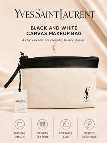YSL Black And White Canvas Makeup Bag, 23*14.5cm, Sold Individually, Minimalist Contrast Design, Zipper Closure, Portable, Suitable For Daily Storage And Travel - Black and White - View 2
