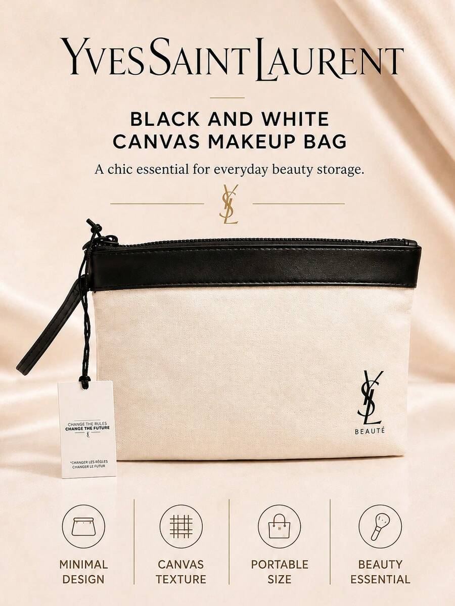 YSL Black And White Canvas Makeup Bag, 23*14.5cm, Sold Individually, Minimalist Contrast Design, Zipper Closure, Portable, Suitable For Daily Storage And Travel