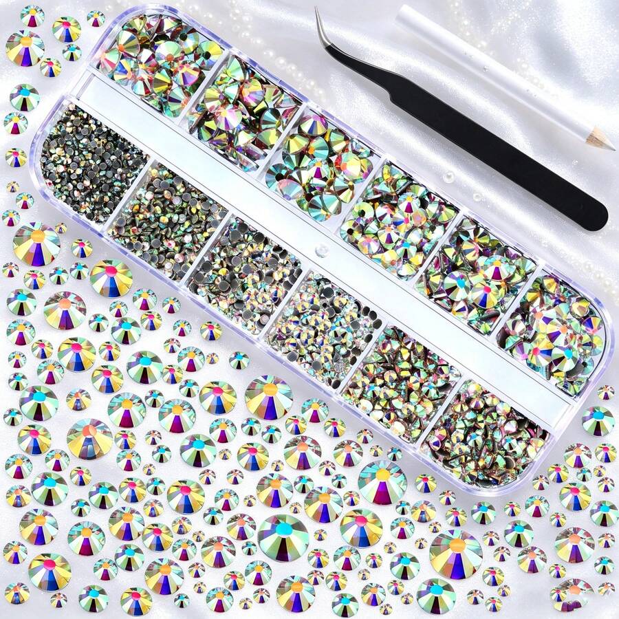 Ss6-Ss30 Multi-Size AB Iridescent Rhinestone Set, 12-Compartment Mixed Size Assorted Rhinestone Set, Suitable For DIY Artwork, Clothing, Bags Rhinestone Decoration Creative Materials - Multiple Specifications - View 1