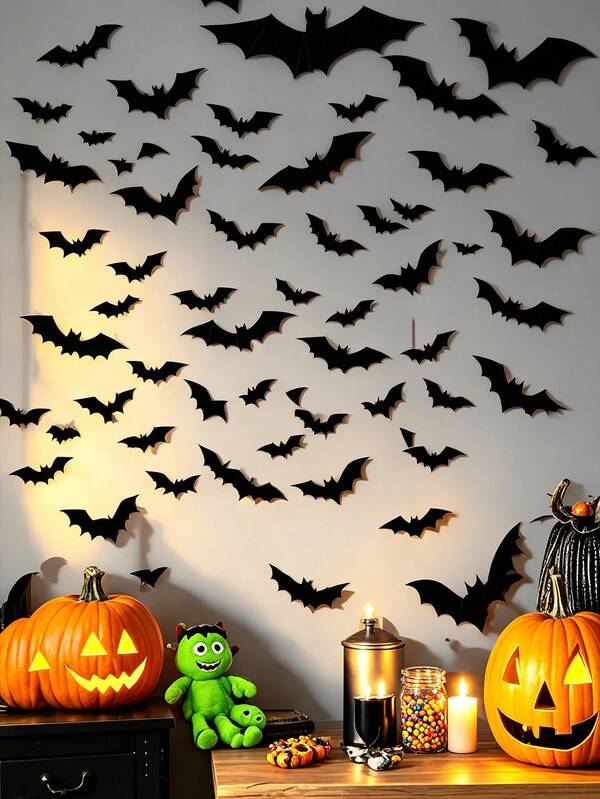24pcs New Halloween 3D Bat Decorations,For Halloween Party,Bedroom Window,Indoor/Outdoor Home Decor Spooky Bar Decor,Black Bat Stickers,Bat Party Decorations,Wall Decals,Removable Window Stickers,Garage Door,Home,Bedroom,Halloween Decoration Supplies