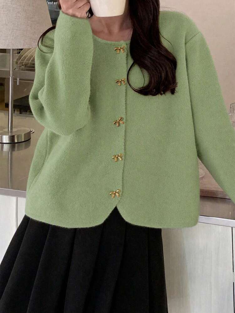 Bow Button Loose Knit Sweater - Green - View 6